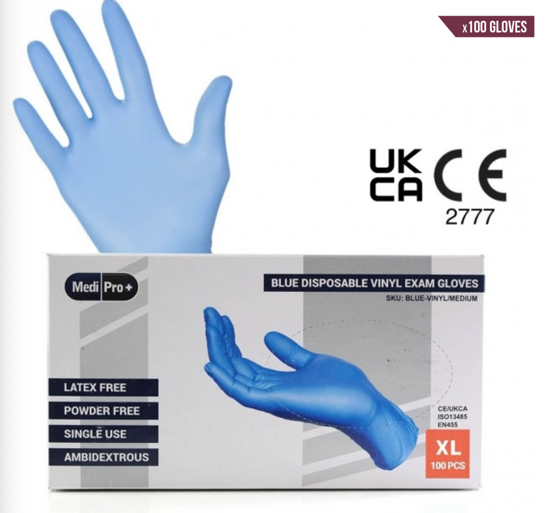 Blue Vinyl Exam Gloves - Cat III PPE x 100