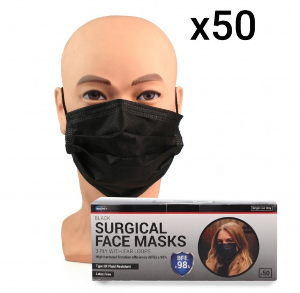 Black Surgical Face Masks - Type IIR Certified x 50