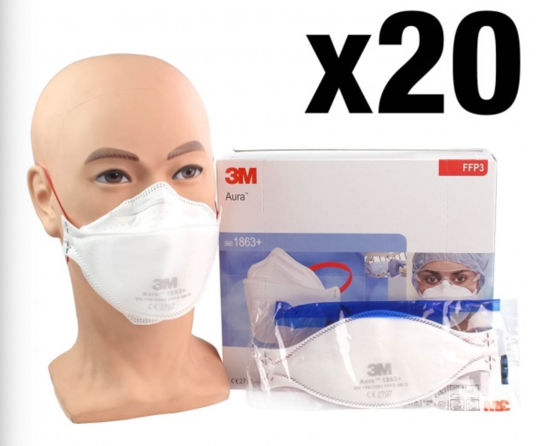 3M™ 1863+ Aura™ Disposable Healthcare Respirator, FFP3 +IIR - Box of 20