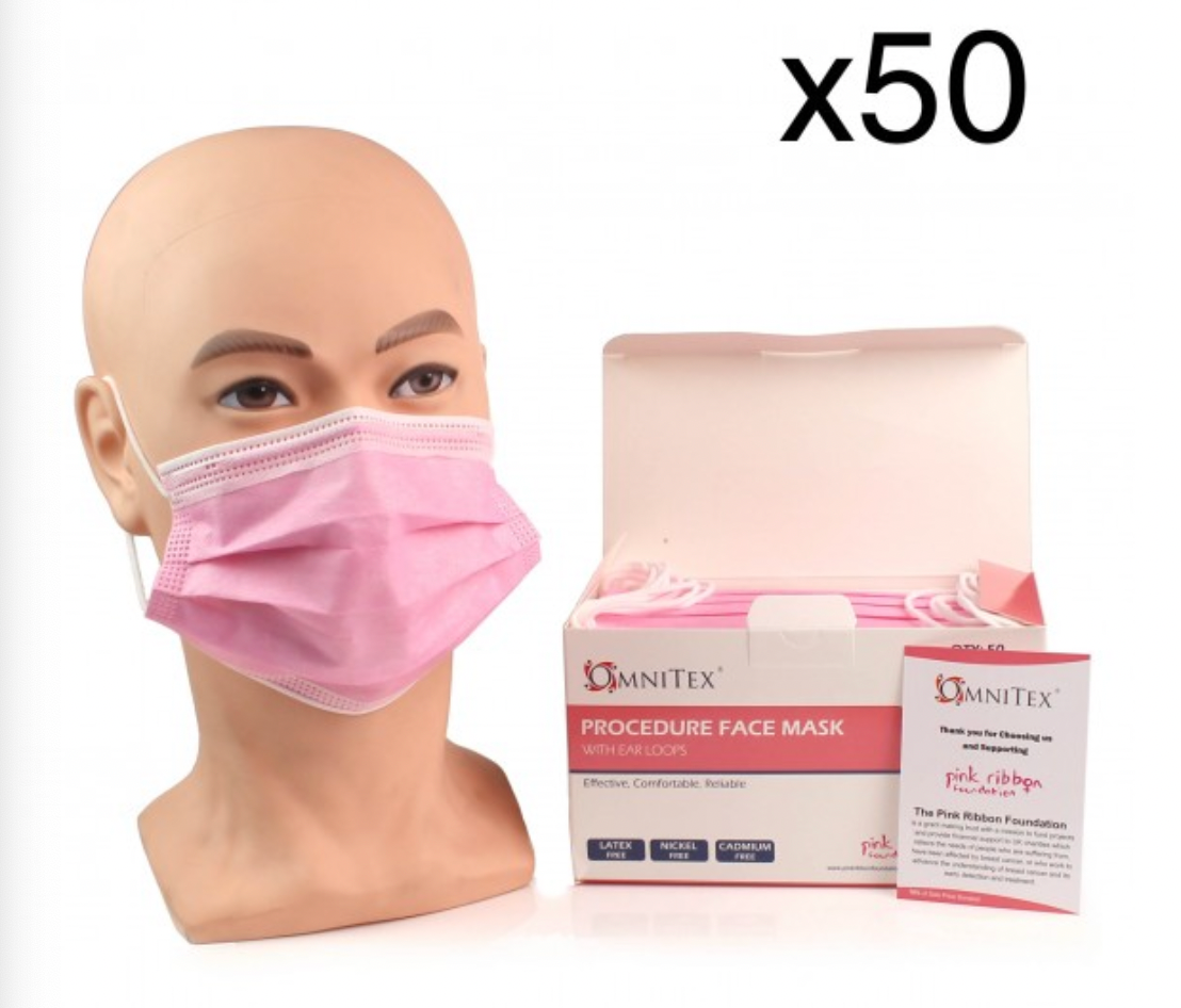 Face Masks - Type IIR with Ear Loops - Pink - Box of 50 - Breast Cancer Awareness [UK MADE]